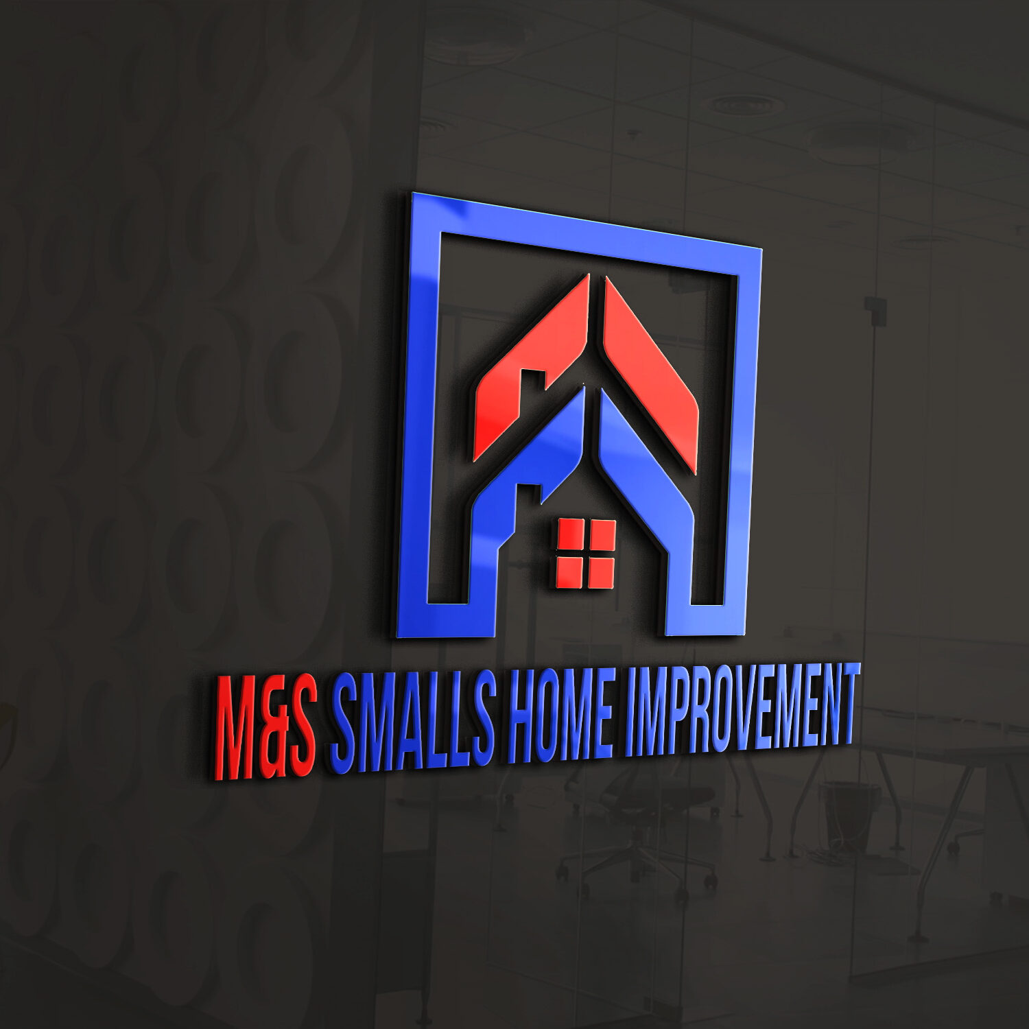 3D logo of M&S Smalls Home Improvement on a wall.