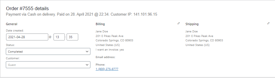 Order details with billing and shipping information.